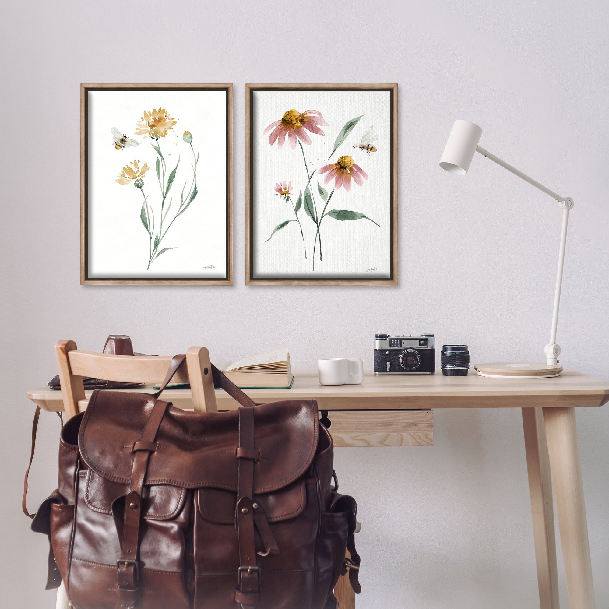 Stupell Industries Flower Stem Bees Plants & Flowers Painting Brown Floater Framed Canvas Art Print Wall Art, 17 x 25, Set of 2