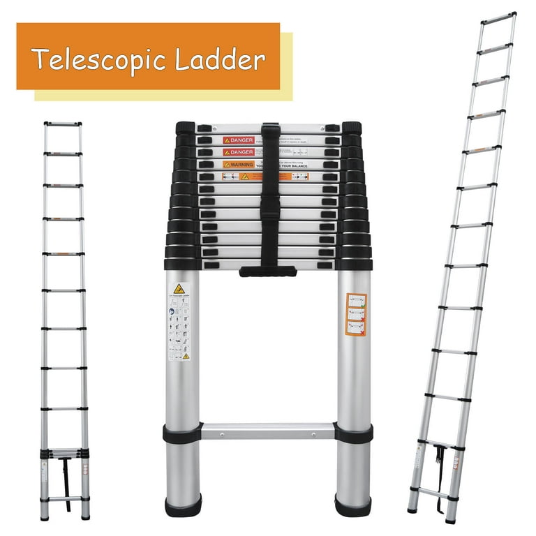 12.5ft Telescoping Ladder Aluminum Extension Ladder Heavy Duty Portable  Ladder, 330lbs Load Capacity, 2.8ft Folded Height, with Anti-Slip Rubber  Feet Safety Lock Mechanism, for Home, Outdoor 
