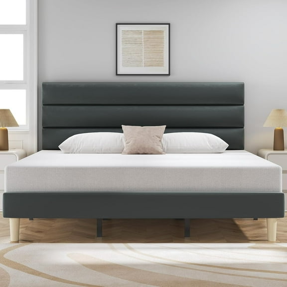 CQAOE King Bed Frame, Platform Bed Frame with Velvet Upholstered Headboard, No Box Spring Needed, Sturdy Metal Support, Noise Free, Easy Assembly, Modern Bedroom Furniture,Grey