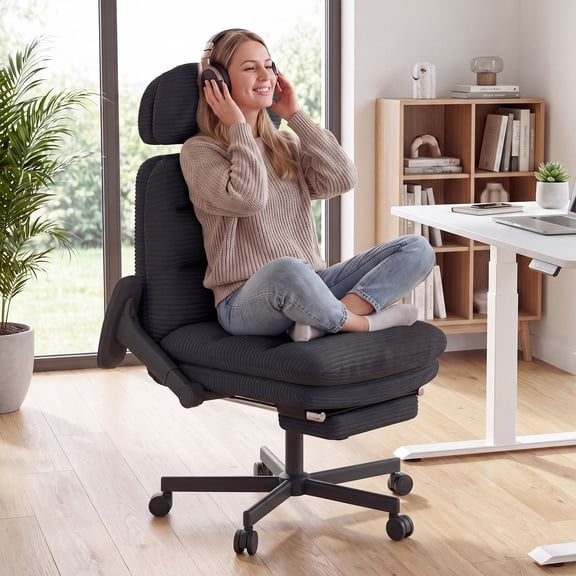 HomeZeer Criss Cross Legged Office Chair with Footrest and Flip-up Arms, Computer Desk Chair with Lumbar Pillow & Headrest & Corduroy Seating for Home Office, Black