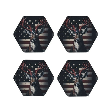 

Leather Coasters Set of 4 - Vintage American Deer Lightweight Non-Slip Drink Coasters for Desk Anti-Scalding Desk Cup Coasters for Office Table Decor Hexagon