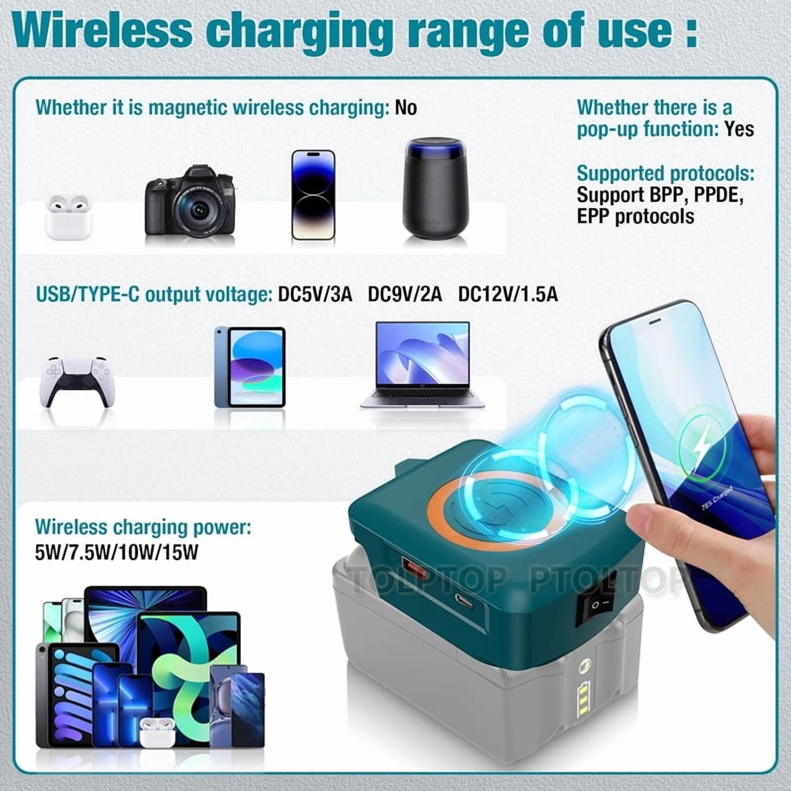 Magnetic wireless charger, for De*walt 20V Li-ion Battery, with USB/TYPE-C, Fast charging battery adapter