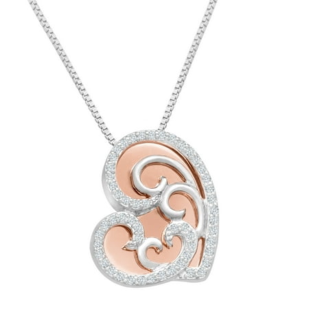 Duet 1/4 ct Diamond Overlay Heart Pendant Necklace in Sterling Silver & 10kt Rose Gold
