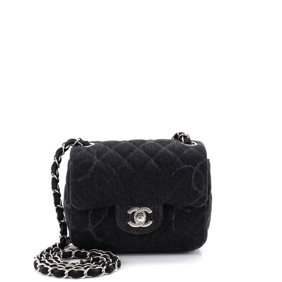 Pre-Owned Square Classic Single Flap Bag Quilted CC Printed Denim Mini By Rebag
