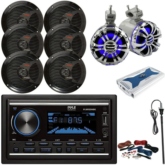 Pyle PLMR2DNBK Double-DIN Boat Marine Bluetooth USB/AUX MP3 Radio Head Unit Stereo Receiver, 6.5" 150W Max Power Speakers (3 Pairs), Dual 5.25" Wakeboard Speakers, 8 Channel Amplifier W/Kit, Antenna