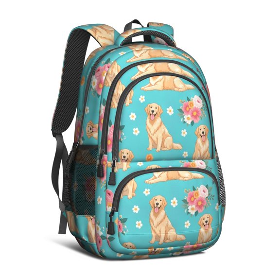Golden Retriever and Floral Blue Pattern Cute School Backpack Bag with Padded Back and Adjustable Shoulder Straps 16.9 X 12.6 X 5.9 Inches