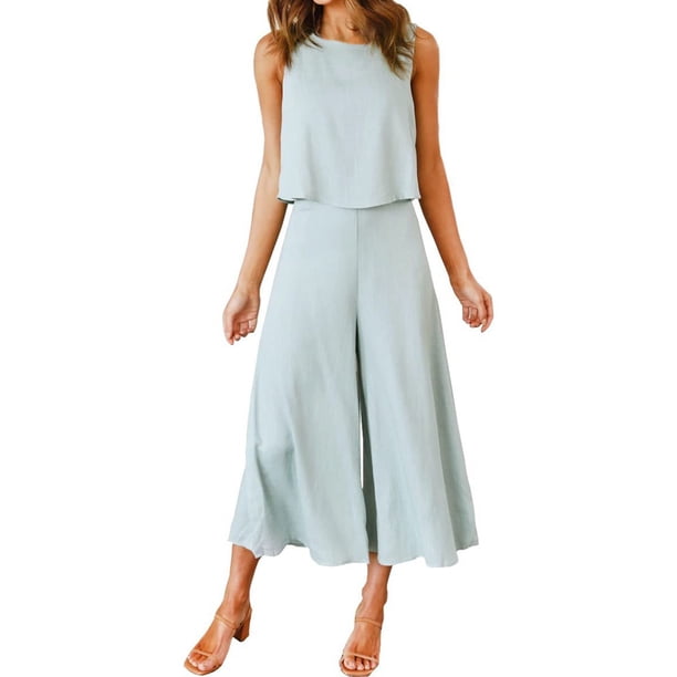 Conjunto de dos piezas para mujer: camiseta sin mangas y pantalones anchos, traje informal, poliéster y spandex, para verano/aire libre/fiestas