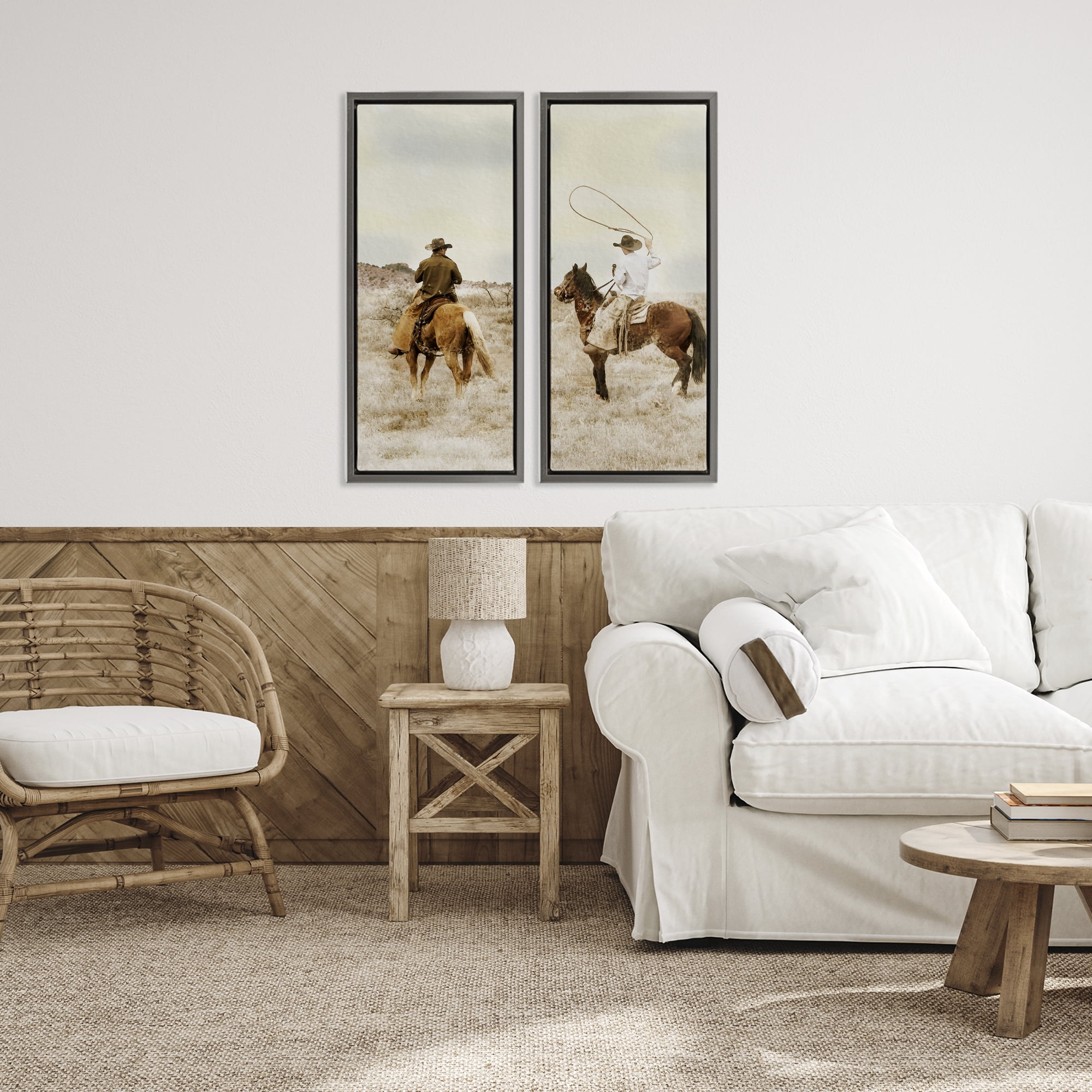 Stupell Industries Wrangling Cowboy Duo 2 Piece Gray Framed Floater Canvas Set, design by Marcus Prime