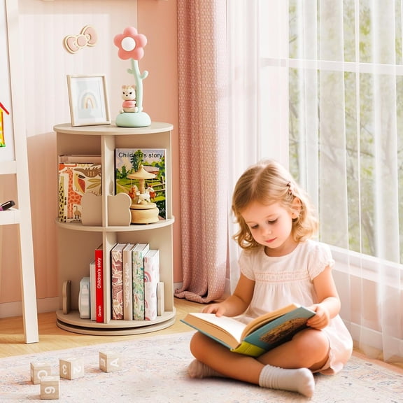 Kids Rotating Bookshelf, Wooden Spinning Small Corner Organizer w/Baffles, 360 ° Display Standing Toddler Bookshelf, Narrow Storage Rack, Book Shelf for Nursery, Playroom (Coffee)