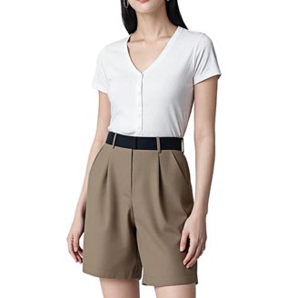 FOURSTEEDS Women's Cotton Cargo Shorts - Twill Bermuda Drawstring Shorts With Multi-Pockets (Khaki, Size US 4)