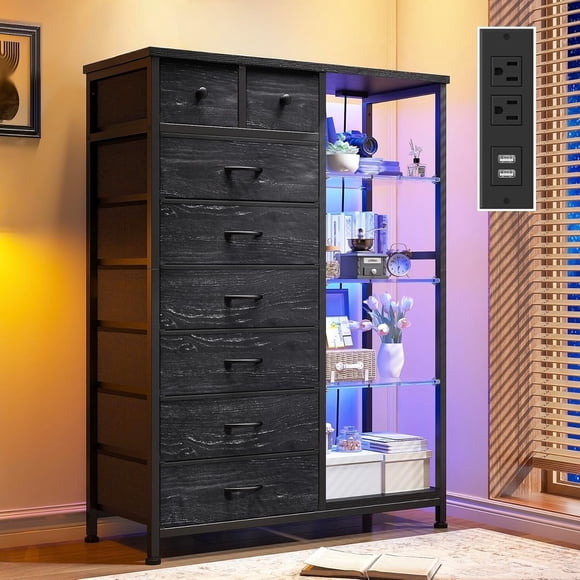 CHENZM 54" H Dresser for Bedroom with LED Lights & Power Outlets Dresser with 8 Drawers Fabric Dressers & Chests of Drawers for Bedroom, Sturdy Metal Frame, Acrylic Plates (Charcoal Black)