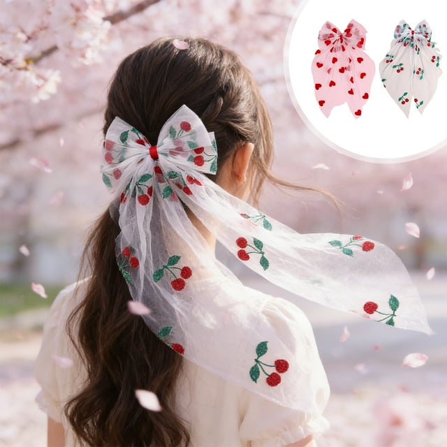Valentines Day Hair Clip 1PC, 14.96x5.51in,Lace Heart Cherrys Double Bow With Long Ribbon Back Hair Accessory For Festive Celebrations And Everyday Wear(Red)