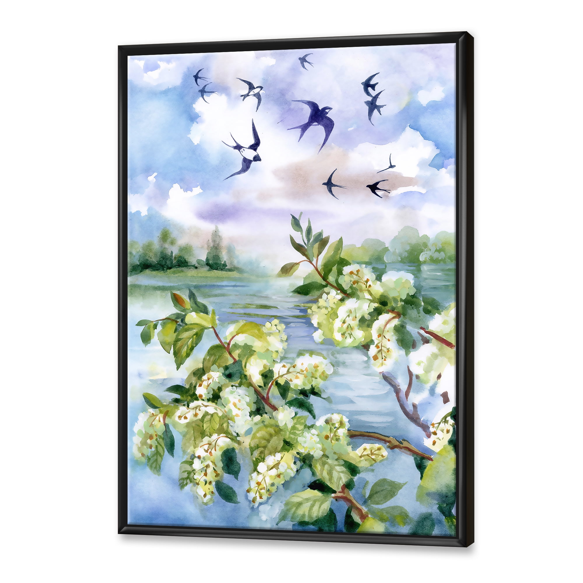 Designart 'Flowers of The Cherry Blossoms On A Spring Day Landscape' Traditional Framed Canvas Wall Art Print