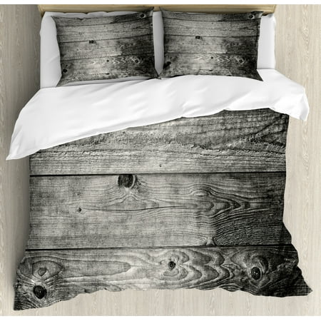 Dark Grey Duvet Cover Set Ombre Style Grunge Wooden Planks Rustic