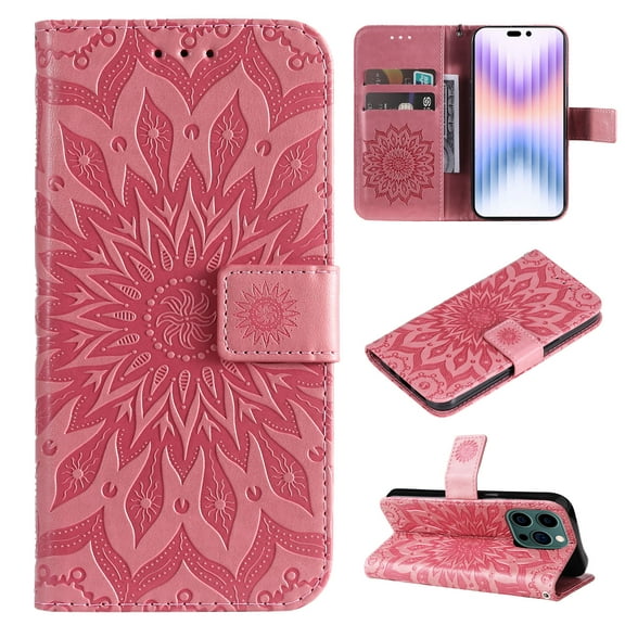 TECH CIRCLE Case for 2022 Apple iPhone 14 (6.1") Cell Phone - Protective PU Leather Stand Flip Flower Case (Pink)
