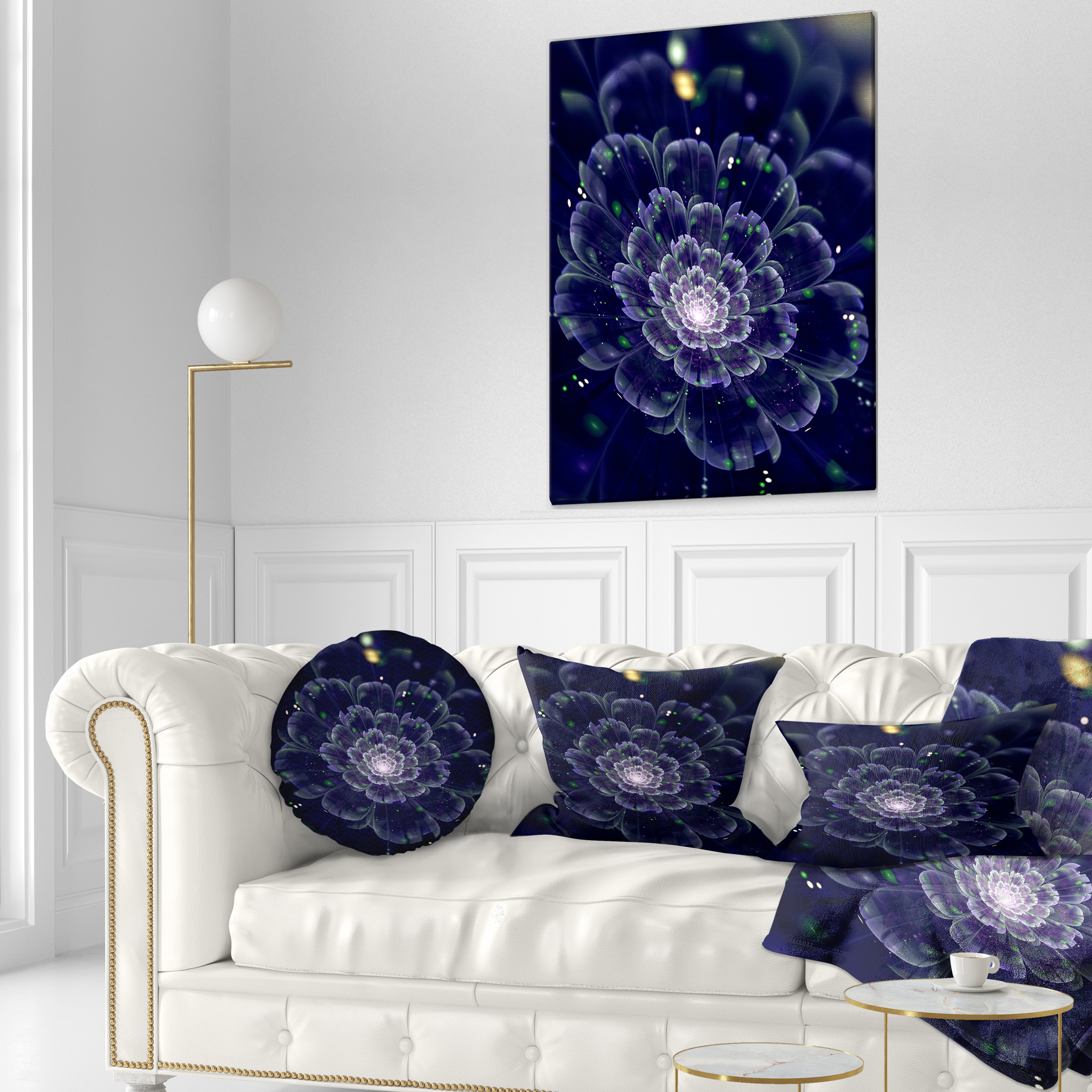 Designart Dark Blue Fractal Flower Digital Art - Floral Throw Pillow - 12x20
