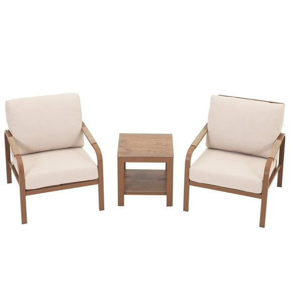 3‑Piece Bistro Patio Set, Hand‑Woven Rattan & Rust‑Free Aluminum Frame, Waterproof Cushions, Coffee Table Included, Outdoor Furniture for Balcony, Deck, Beige