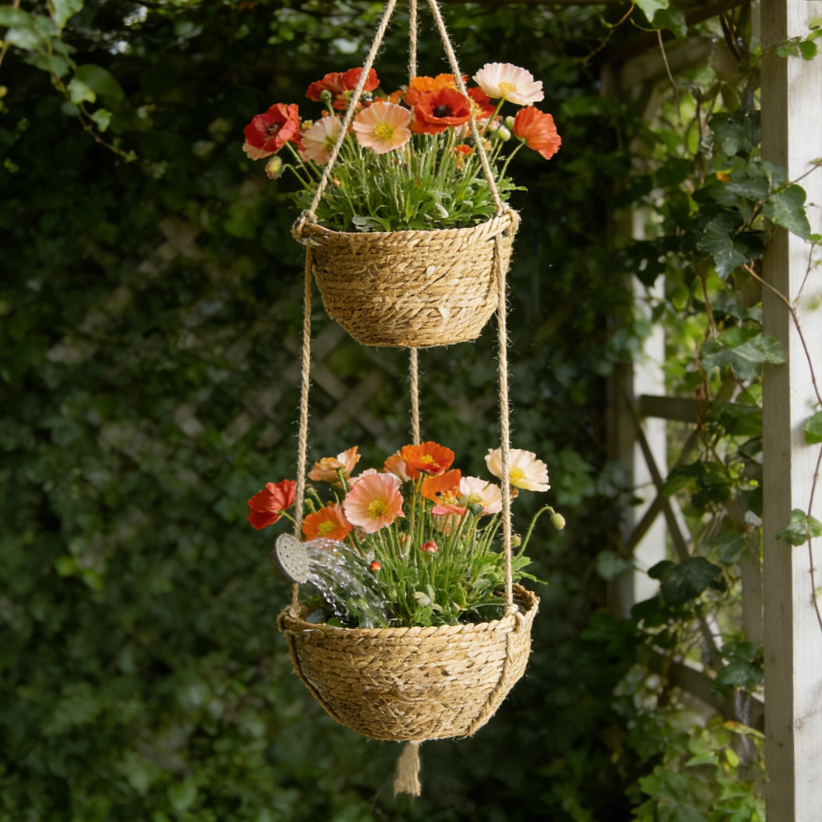 2-Tier Woven Hanging Planter - Double Layer Macrame Hanger with Natural Fiber Baskets, Boho Decor for Indoor/Outdoor Garden, Patio & Balcony (3 Styles)