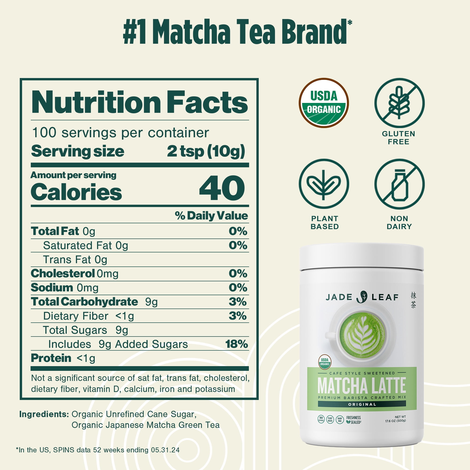 Jade Leaf Organic Matcha Latte Mix, Original, Dairy-Free Matcha Green Tea Powder, 17.6 oz Tub