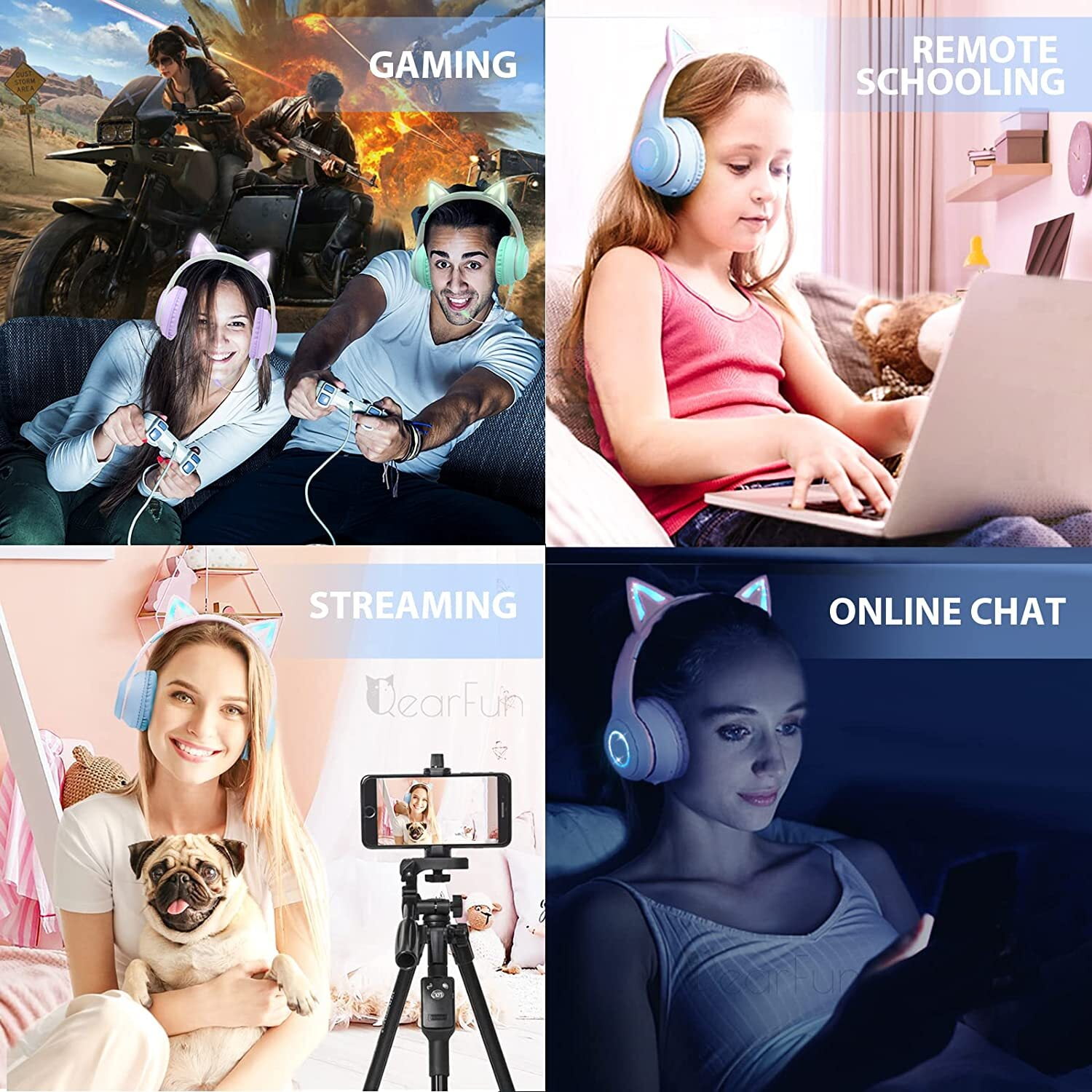 Cat Ear Kids Bluetooth Headphones for Girls for School, Foldable Wired Gaming Headset with Microphone & 3.5mm Jack, Adjustable Headband Teens Toddlers Wireless Earphones for Tablet/PC