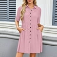 thumbnail image 2 of Pink V Neck Faux Linen for Women Summer Fall Short Sleeve Midi Knee Length Casual Basic Dress Womens Button 2025 Clothes Trendy Regular Fit Country Concert Y2K S, 2 of 9