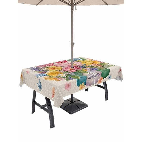 Outdoor Tablecloths with Umbrella Hole & Zipper, Spring Floral Rectangle Tablecloth 52x70 Inch, Watercolor Lavender Daisy Butterflies Linen Waterproof Table Cloth, Patio/Pool/Picnic Table Covers