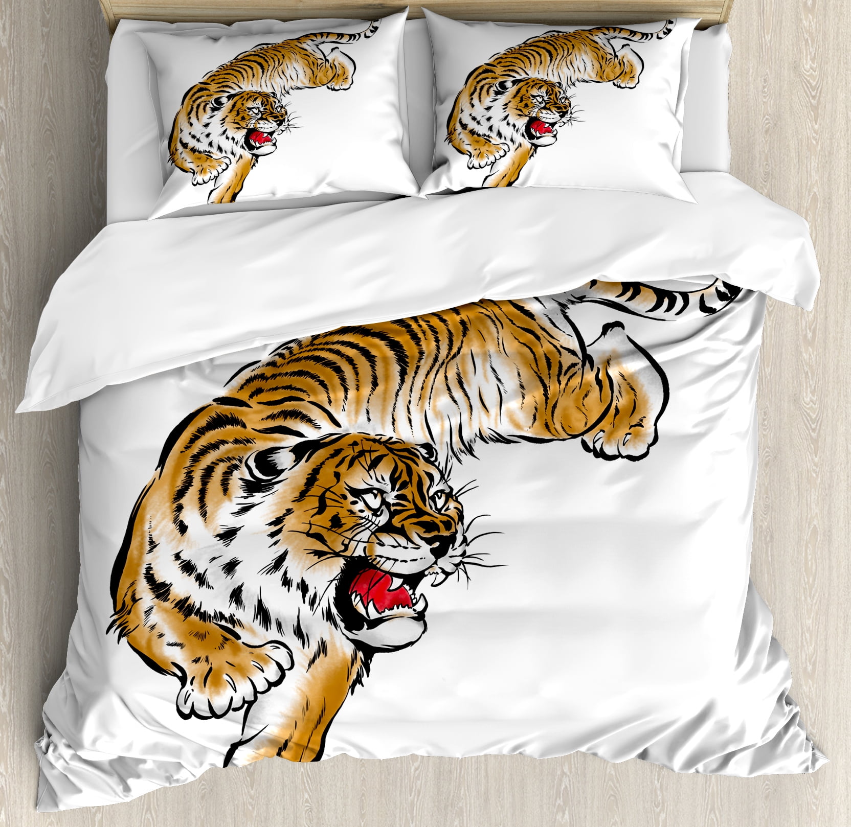 Tiger Duvet Cover Set Japanese Inspired Large Feline Japanesque Tiger Duvet Cover Set Japanese Inspired Large Feline Japanesque Design Free Hand Drawing Traditional Decorative Bedding With Pillow Shams