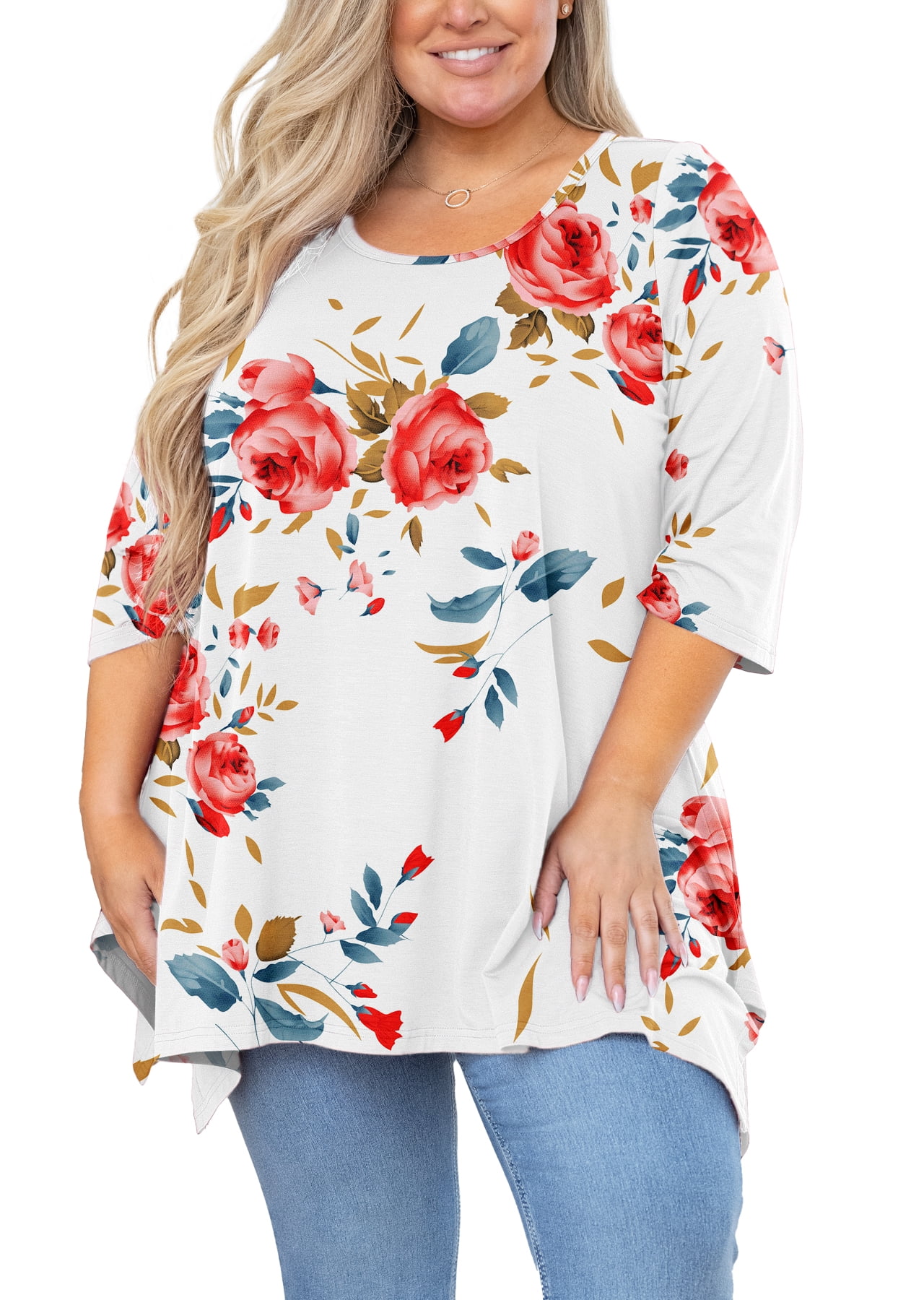 SHOWMALL Haut Grande Taille pour Femmes Blouse Manches 3/4 Florale Blanche 5X Tunique Évasée Vêtements Col Rond Blouse Maternité Ample
