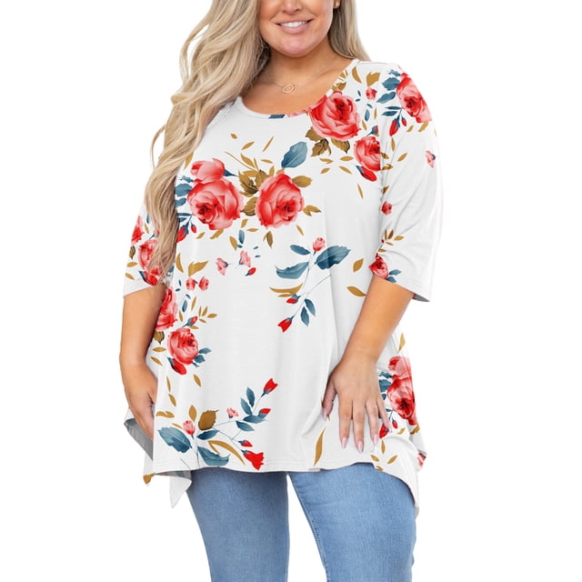 SHOWMALL Haut Grande Taille pour Femmes Blouse Manches 3/4 Florale Blanche 5X Tunique Évasée Vêtements Col Rond Blouse Maternité Ample