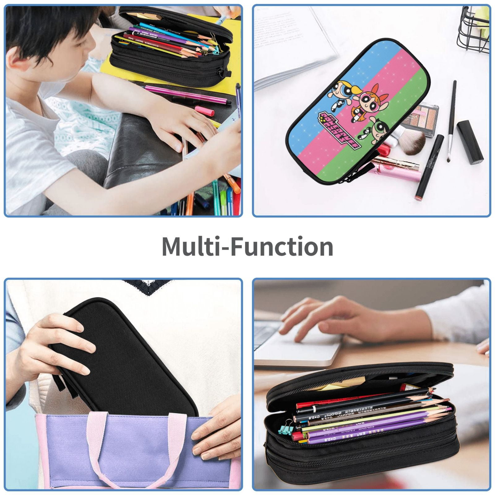 The Powerpuff Gi-rls Pencil Case Large Capacity Pencil Pouch Penbag Office Stationery Organizer Travel Makeup Bag Black
