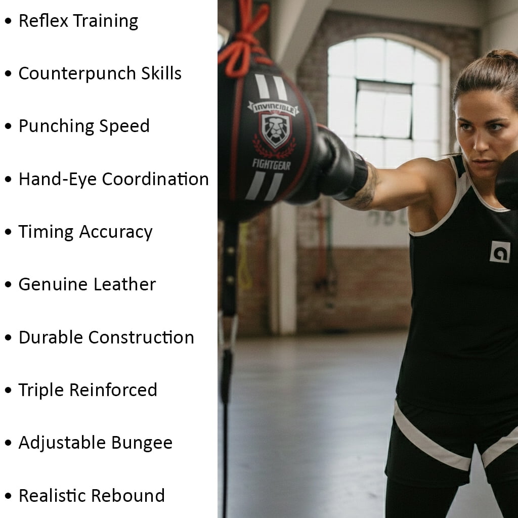 Professional Leather Double End Boxing Bag with Bungee Cords for Boxing, MMA, Muay Thai, Fitness Speed Dodge Reflex Ball, Floor to Ceiling Training, 9 Inch
