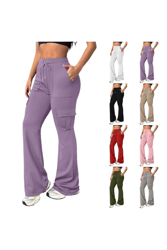 Womens Yoga Cargo Pants Solid Color Straight Leg Mini Flared Pants For Women With Multi Pockets