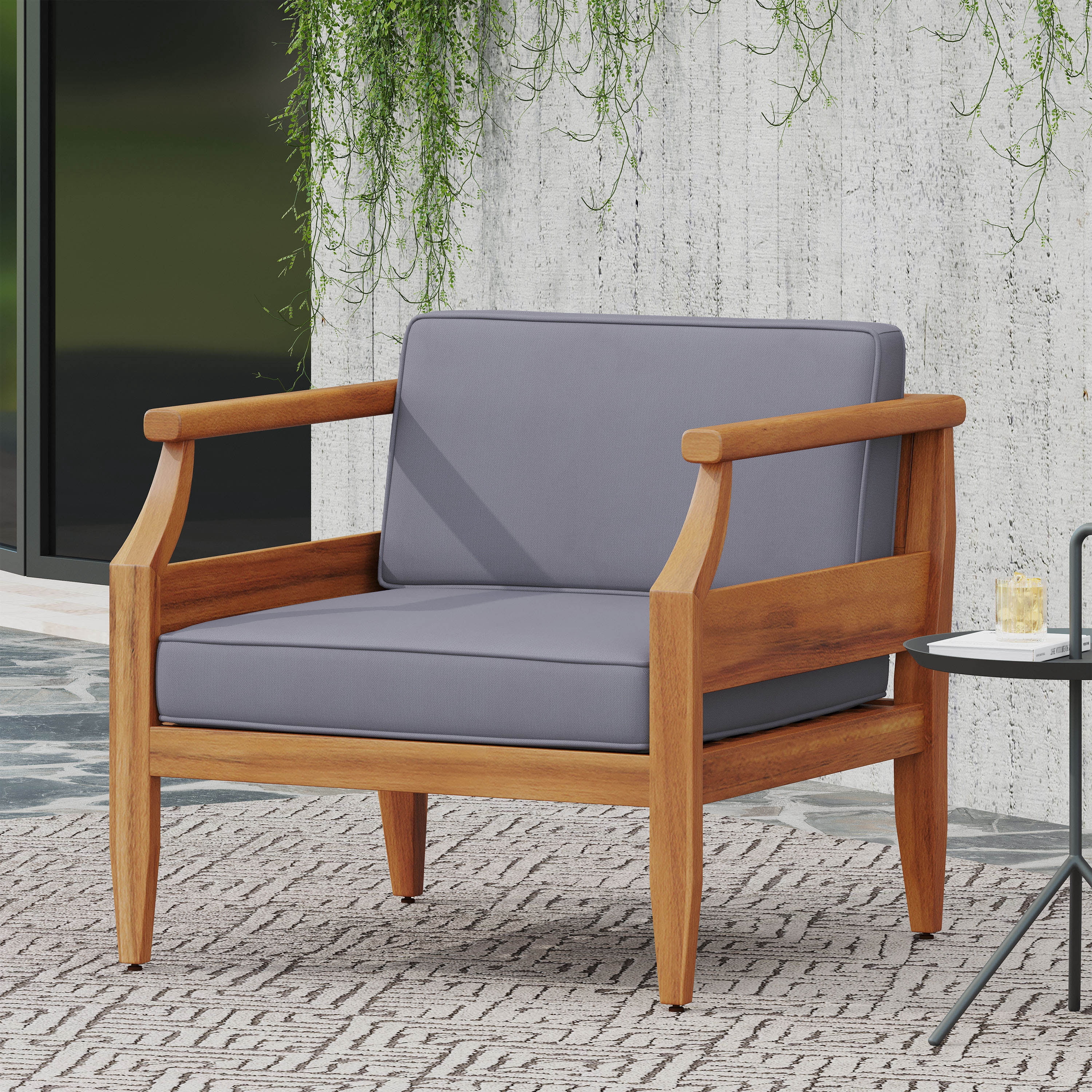 Euroco Outdoor Acacia Wood Club Chair with Water-Resistant Cushions – Open-Slat Back Patio Armchair, 400 lb Capacity