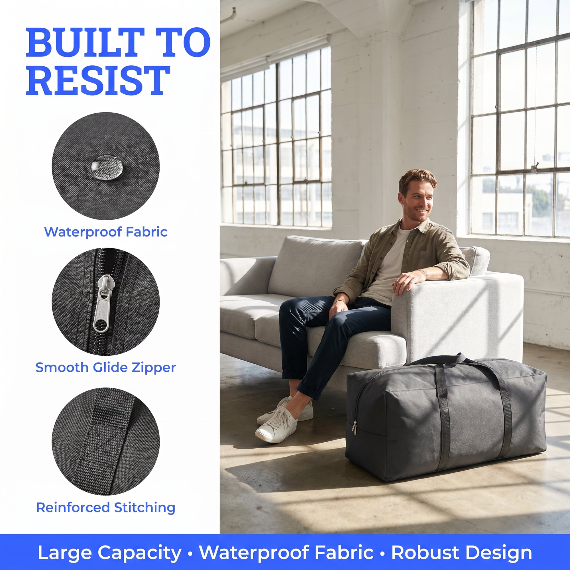 Unique Bargains Zipper Duffel Waterproof Oxford Moving Bag Black 23.6" x 12.2" x 9.4"