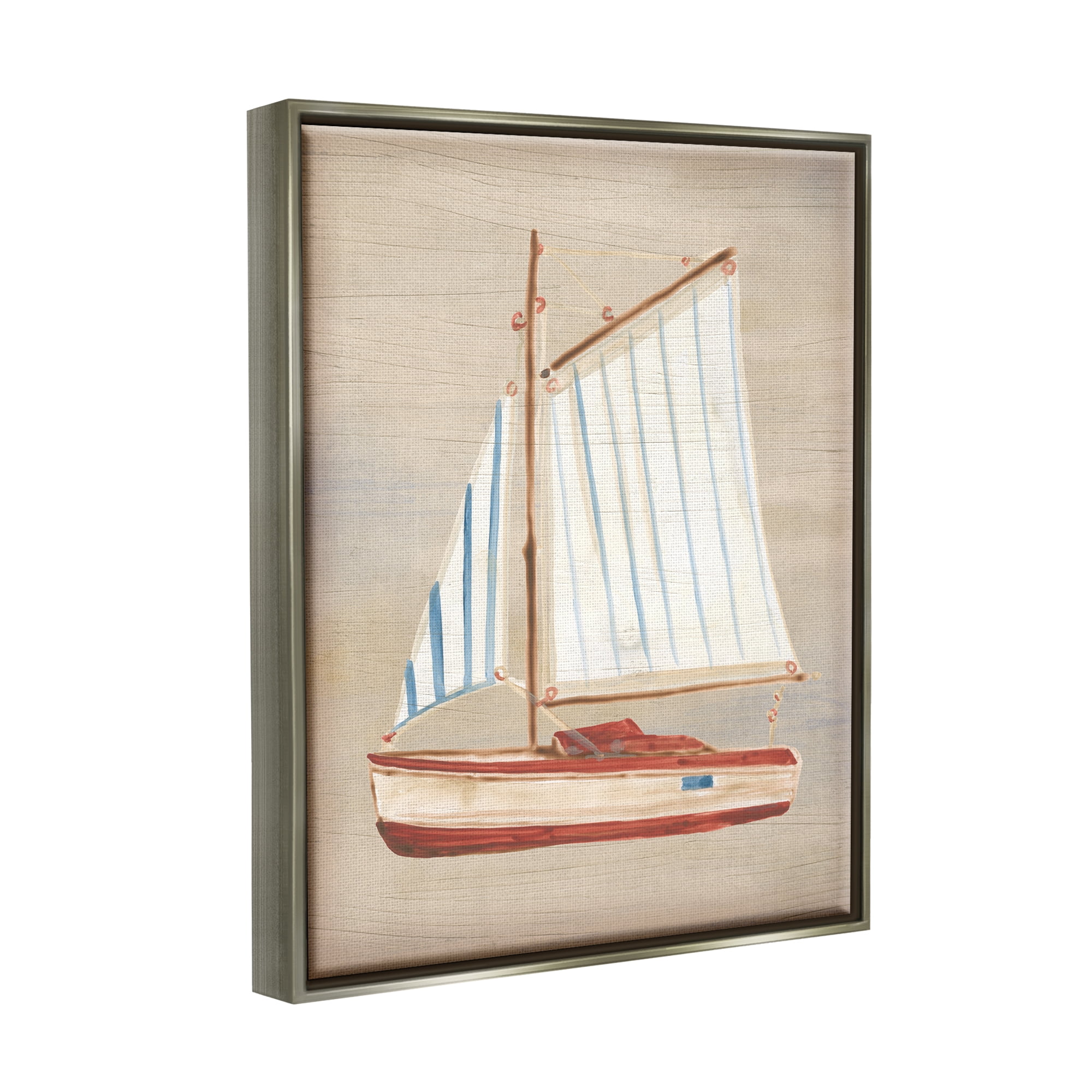 Stupell Industries Rustic Red Sailboat Transportation Painting Gray Floater Framed Canvas Art Print Wall Art, 17 x 21