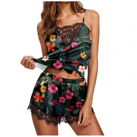 

COBKK Womens Lingerie Lace Lingerie Sets Women Fashion Print Pajamas Sleeveless Vest Lace Cami Shorts Bluse Sets Womens Lingerie Underwear Navy Comfortable Shapewear Floral Fancy Lingerie Sets