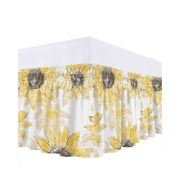 Yellow Sunflower Bed Skirt King Size 16 Inch Drop, Vintage Flowers Adjustable Elastic Dust Ruffles Bedskirt for King Bed Wrap Around Pleated Mattress Frame Cover