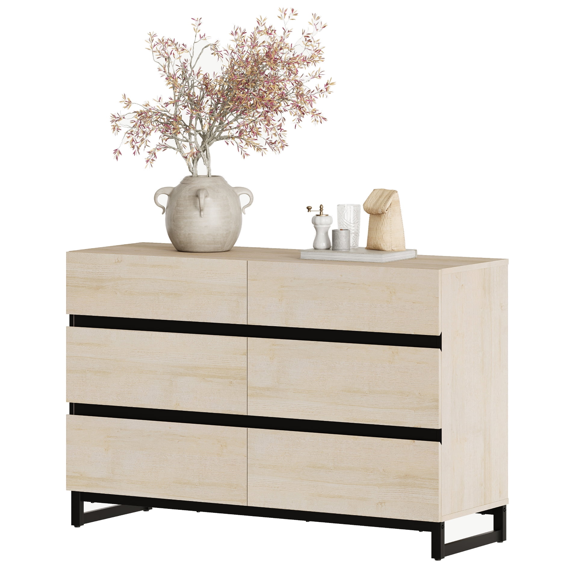 WAMPAT Modern 6-Drawer Dresser, Wooden Chest of Drawers with Concealed Handles and Sturdy Metal Base, Multifunctional Closet Storage Organizer for Bedroom Living Room, Beige