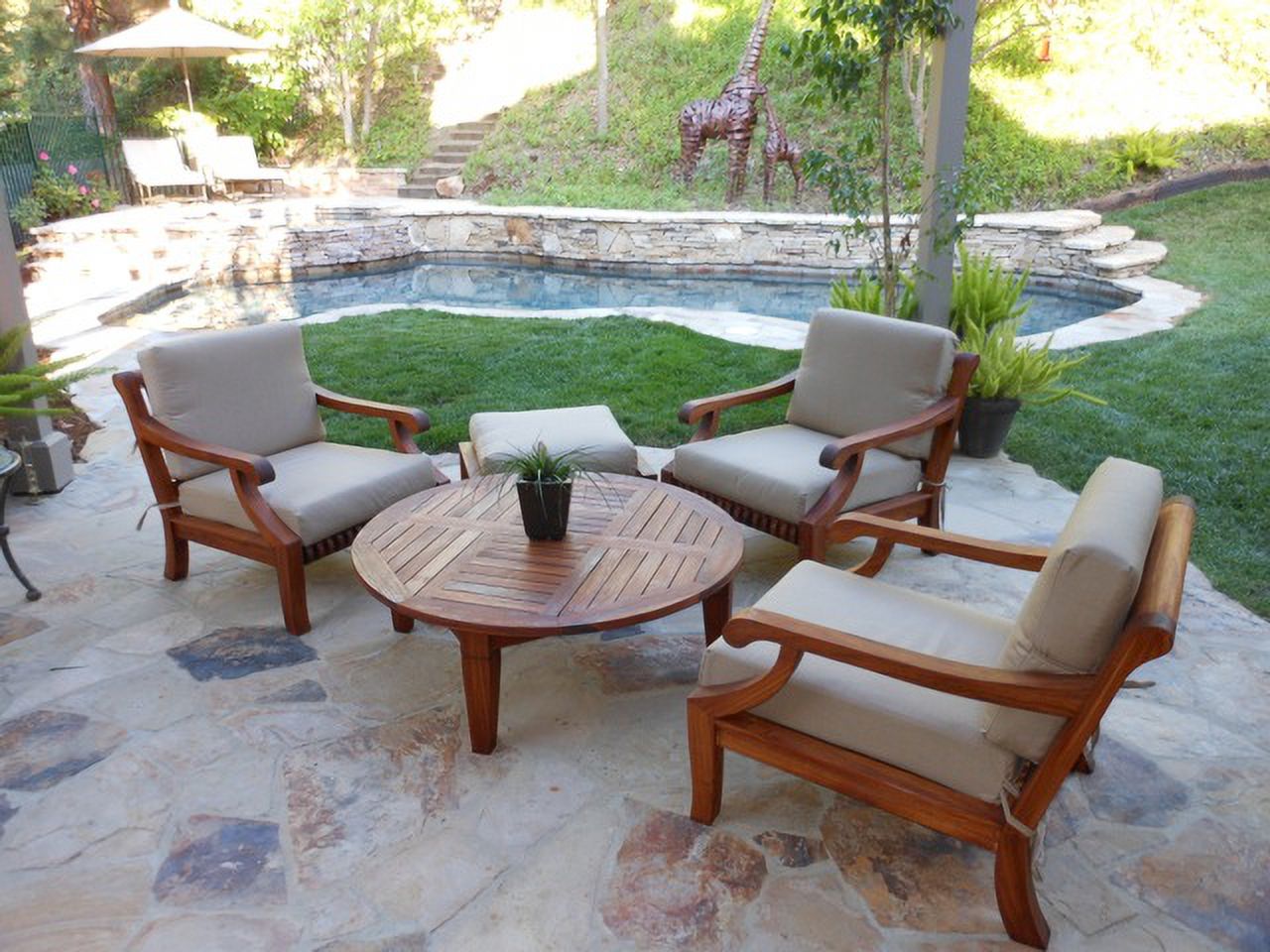 WholesaleTeak Outdoor Patio Grade-A Teak Wood 5 Piece Teak Sofa Set - 4 Lounge Chairs & 1 Round Coffee Table -Furniture only --Giva Collection #WMSSGV4 - image 5 of 5