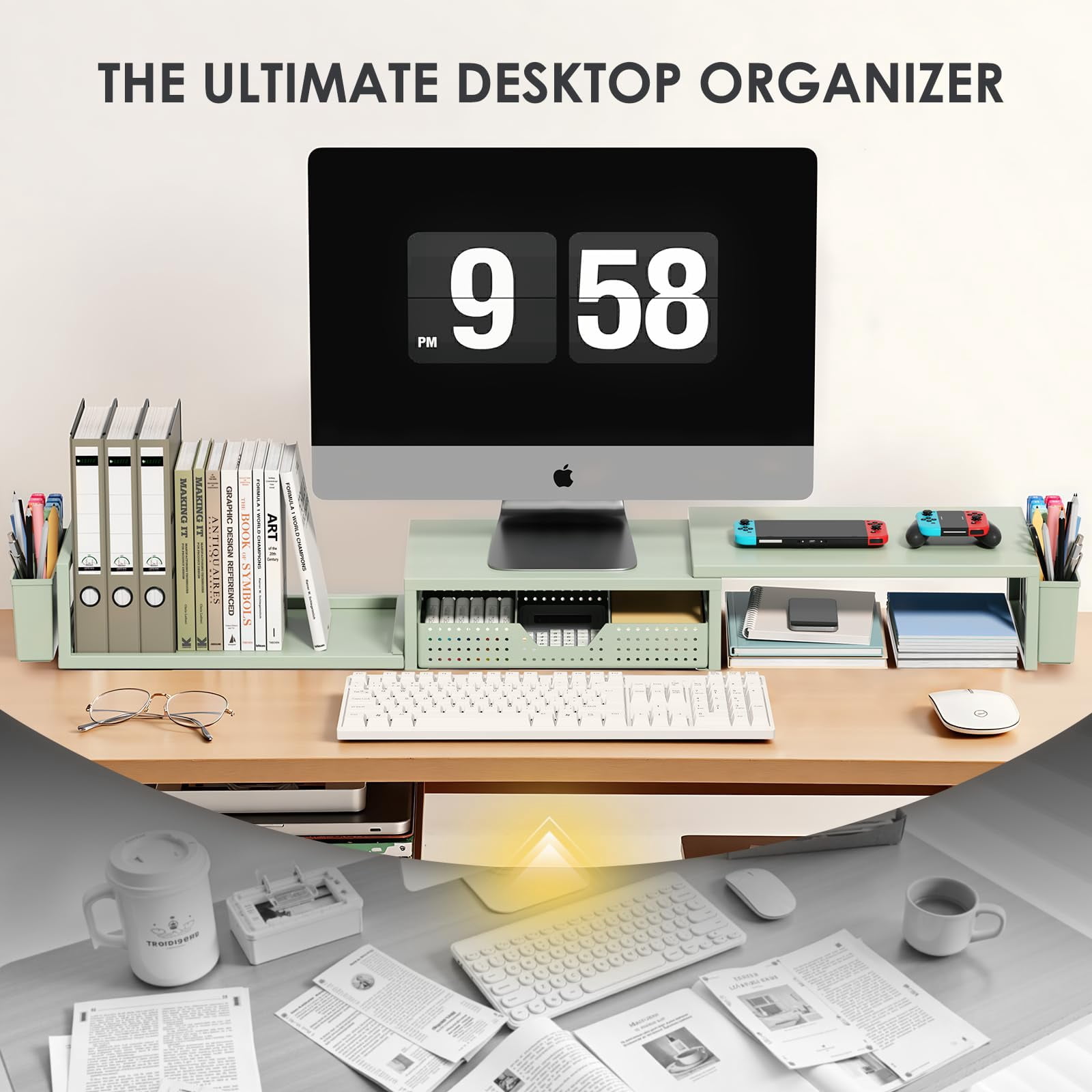 Desk Organizers And Accessories  Dual Monitor Stand Riser With Drawer 2 Pen Holders Shelf Metal Computer For Office Workspace Desktop Organization (green Metal)