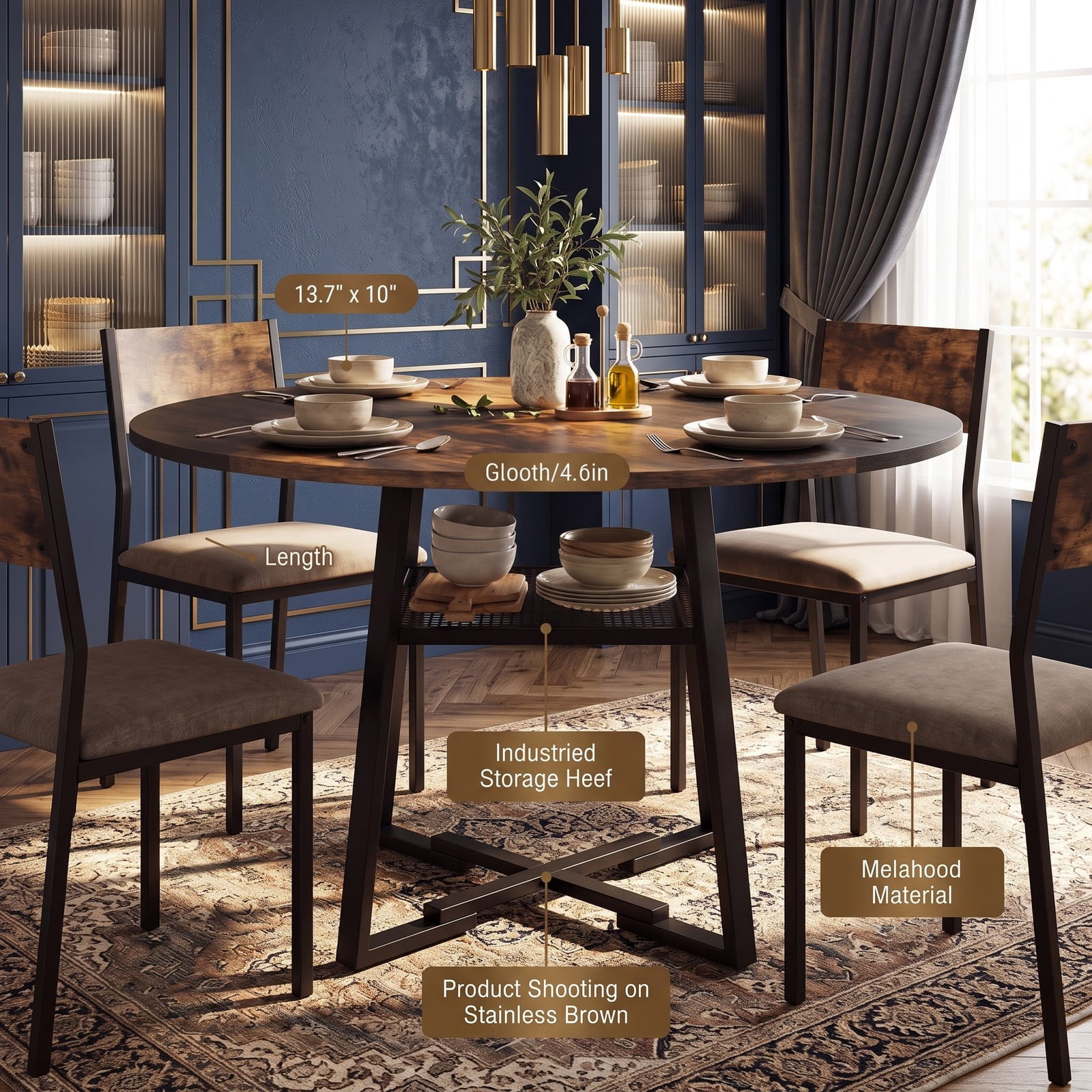 Furnibear 47.5" Round Dining Table for 4-6 with Storage Shelf, Metal Legs and Rubber Wood Frame, Farmhouse Kitchen Dinette Table with Mesh Shelf for Home, Rustic Brown