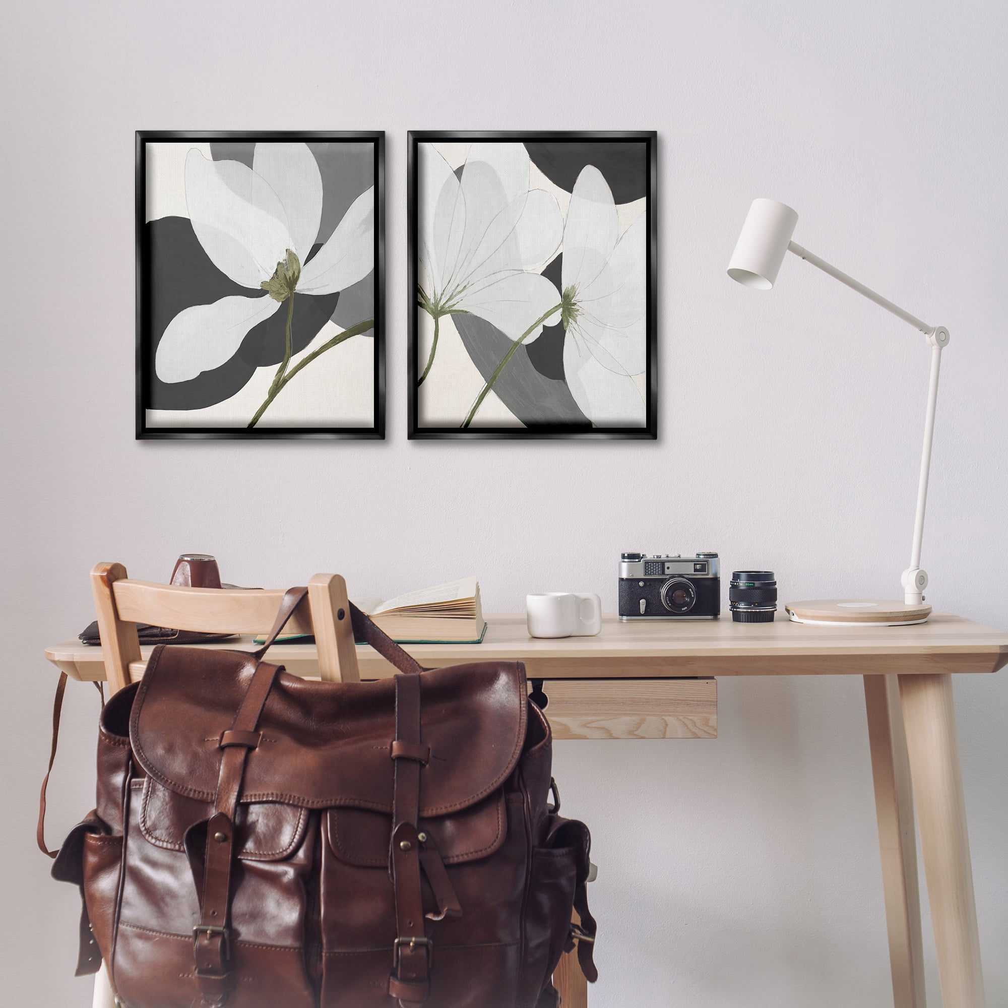Stupell Industries Large White Petal Drawing Plants & Flowers Painting Black Floater Framed Canvas Art Print Wall Art, 17 x 21, Set of 2
