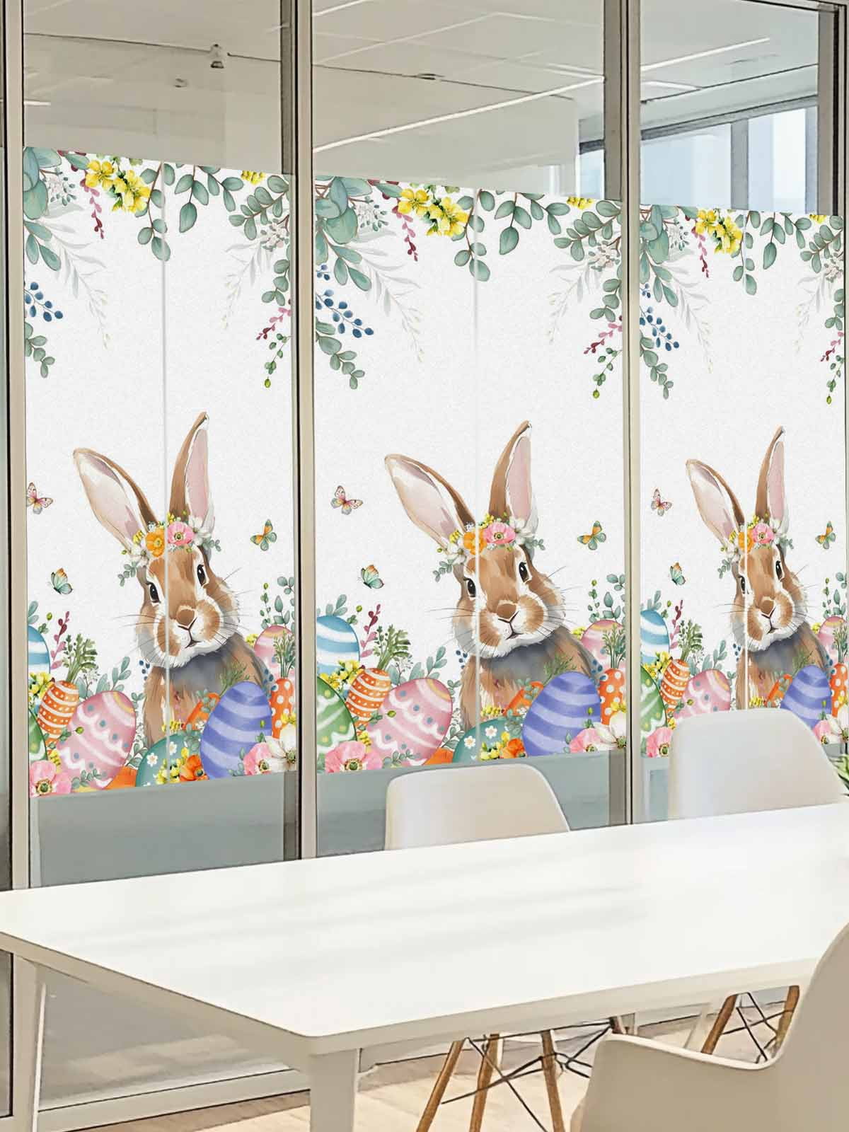 Easter Rabbit Window Privacy Film, Watercolor Floral Bunny Colored Eggs Leaf Frosted Glass Window Clings Static Cling UV Heat Blocking Reusable Door Sticker for Bathroom 35.4 x 78.7 Inch
