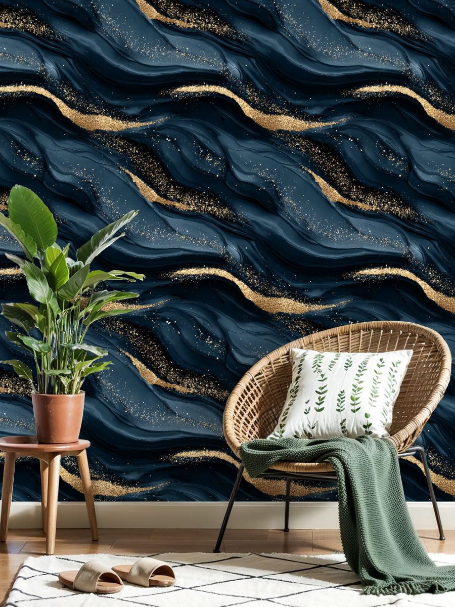 Peel and Stick Wallpaper Abstract Dark Blue Gold Marble Sparkles Wall Mural 23.6in x 9.8ft Self Adhesive Removable Wall Paper Renter Friendly Wallpaper for Nursery Bedroom Cabinets