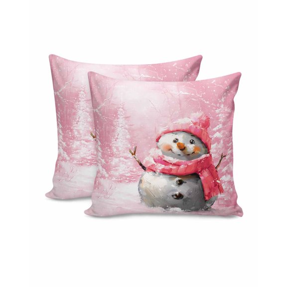 Christmas Decorative Throw Pillow Covers 20x20 Inch Set of 2 Pink Snowman Oil Printing Pillow Cases for Couch, Xmas Tree Snow Forest Cushion Case for Living Room Bedroom Bed Car Chair