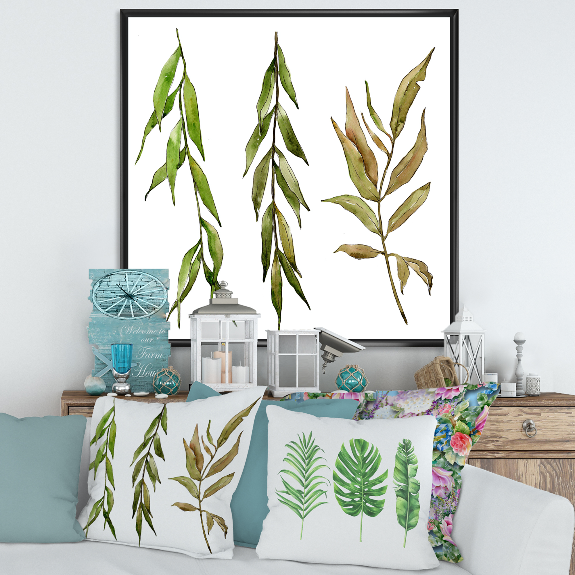 Designart 'Three Willow Branches On White' Farmhouse Framed Canvas Wall Art Print