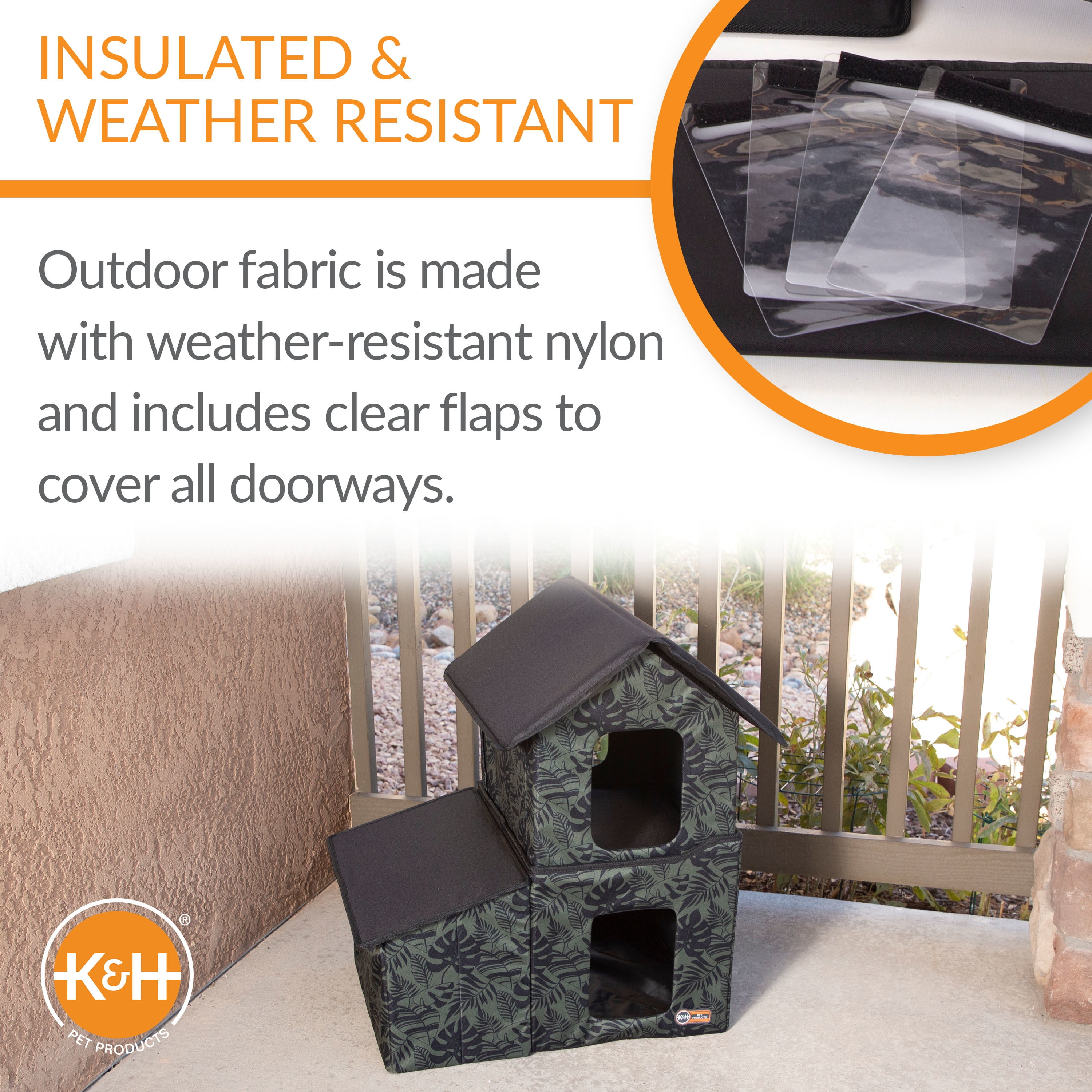 K&H Pet Products Two-Story Outdoor Kitty House with Dining Room Unheated Green Leaf 22 X 27 X 27 Inches