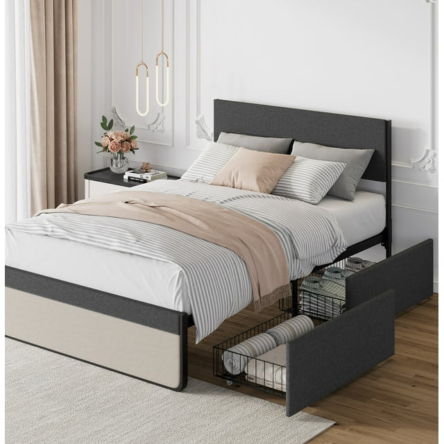 Bed Frame with Headboard & 2 Storage Drawers, Upholstered Full Platform Bed Mattress Foundation with Steel Slats Support, Spacious Under-Bed Storage, No Box Spring Needed