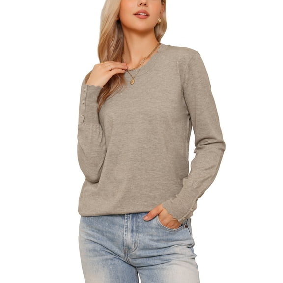 Lightweight Sweaters for Women Crew Neck Long Sleeve Wave Hem Casual Fall Outfit 2025 Soft Pullover Sweater Tops XS Camel