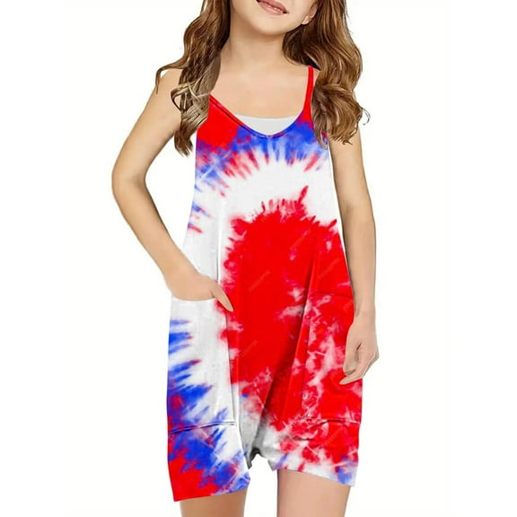 Nrmvnmi Independence Day Girls' Jumpsuits & Rompers Summer Sleeveless Casual Romper Spaghetti Strap Shorts Overalls with Pockets Size 5-14 Years Blue-CMothers Day Gifts